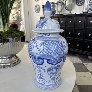 Large Vintage Blue And White Chinese Ginger Jar w Lid Dragon Motif 20" Porcelain